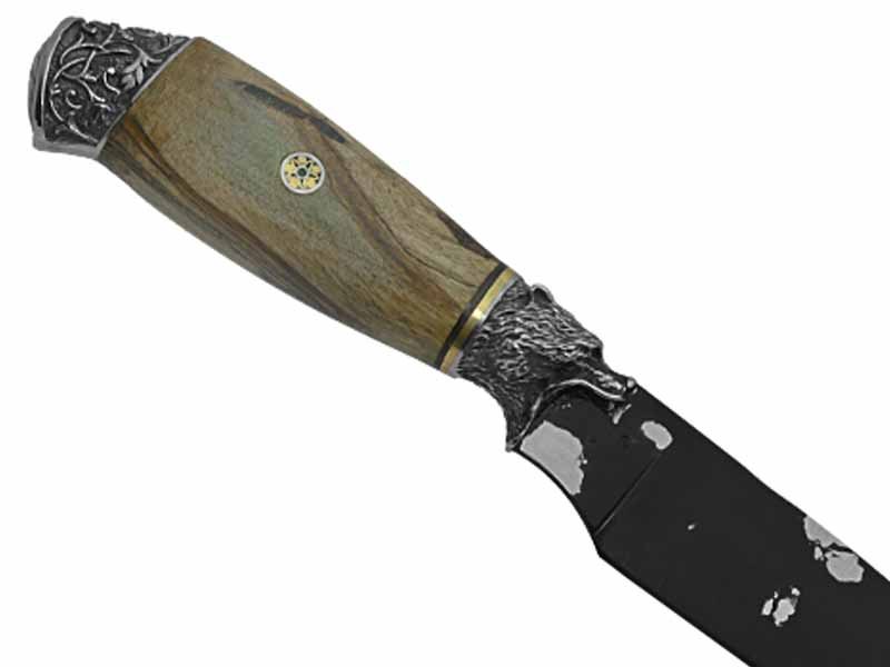 Adelar Filippon faca para colecionador forjado em aço Go May padrão zebra. Empunhadura em Spalted de plátano estabilizado, 33 cm