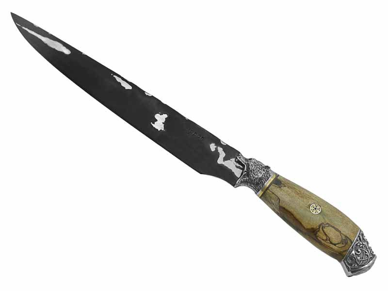Adelar Filippon faca para colecionador forjado em aço Go May padrão zebra. Empunhadura em Spalted de plátano estabilizado, 33 cm