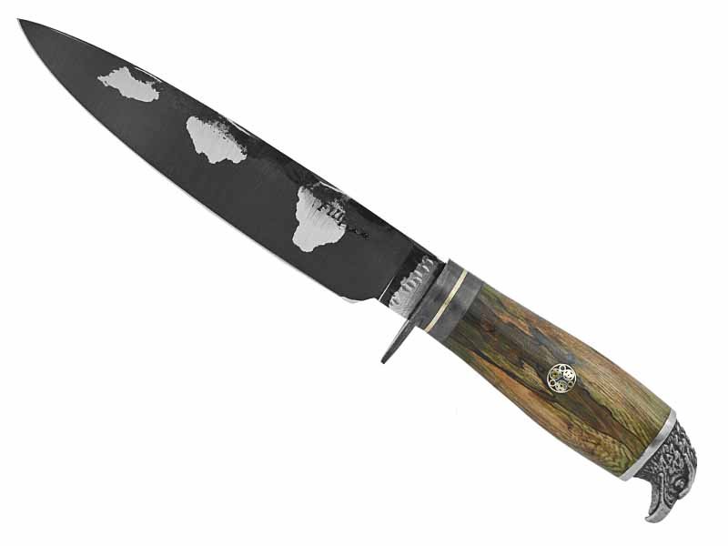 Adelar Filippon faca para colecionador forjado em aço Go May padrão zebra. Empunhadura em Spalted de plátano estabilizado, 29 cm