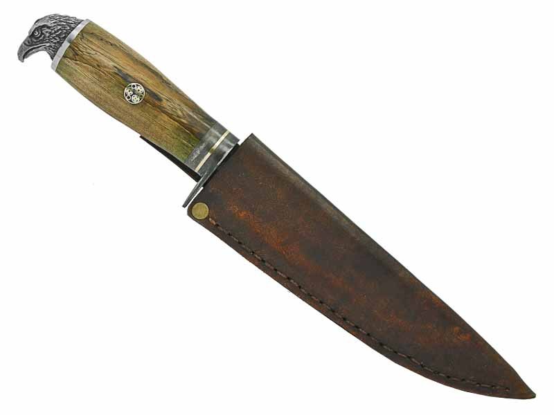 Adelar Filippon faca para colecionador forjado em aço Go May padrão zebra. Empunhadura em Spalted de plátano estabilizado, 29 cm
