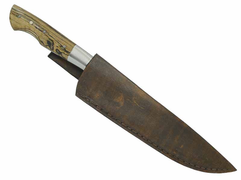 Adelar Filippon faca Cheff para colecionador forjado em aço Go May padrão zebra. Empunhadura em Spalted de plátano estabilizado, 33 cm
