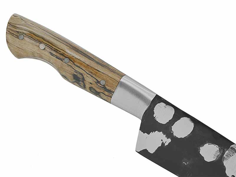 Adelar Filippon faca Cheff para colecionador forjado em aço Go May padrão zebra. Empunhadura em Spalted de plátano estabilizado, 33 cm
