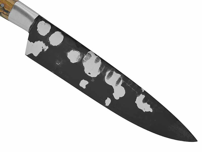 Adelar Filippon faca Cheff para colecionador forjado em aço Go May padrão zebra. Empunhadura em Spalted de plátano estabilizado, 33 cm