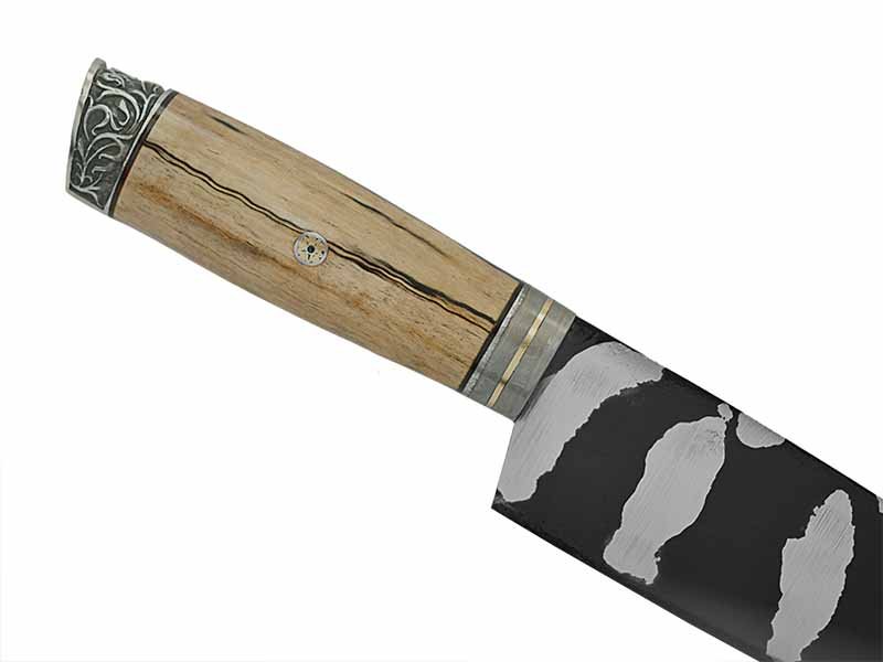 Adelar Filippon faca para colecionador forjado em aço Go May padrão zebra. Empunhadura em Spalted de plátano estabilizado, 35 cm