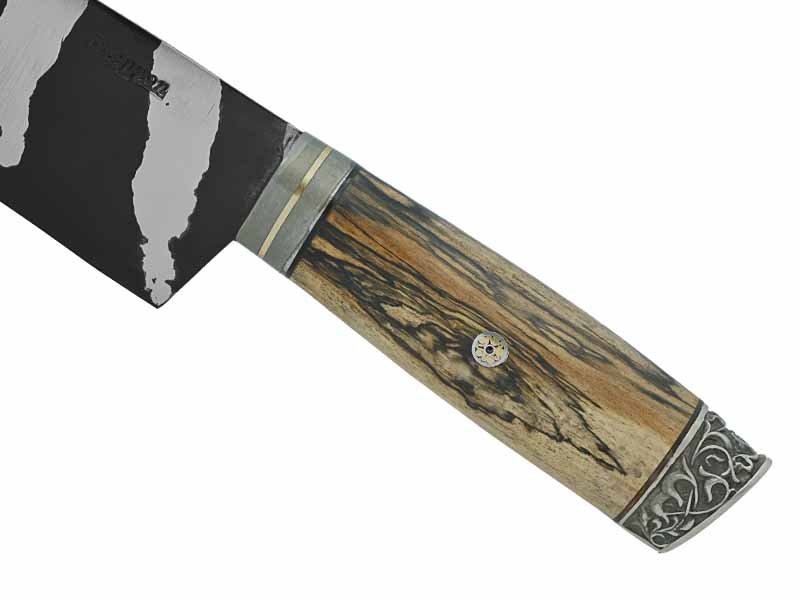 Adelar Filippon faca para colecionador forjado em aço Go May padrão zebra. Empunhadura em Spalted de plátano estabilizado, 35 cm