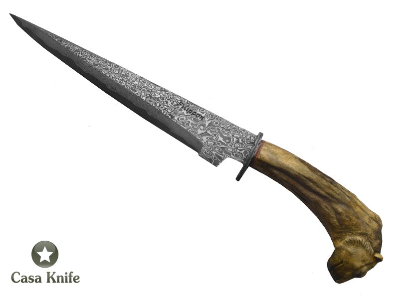 Adelar Filippon faca sangradeira para colecionador forjada em aço damasco , com empunhadura em chifre de cervo esculpido, 32 cm