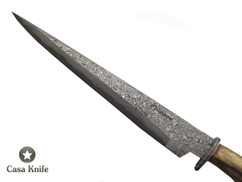 Adelar Filippon faca sangradeira para colecionador forjada em aço damasco , com empunhadura em chifre de cervo esculpido, 32 cm