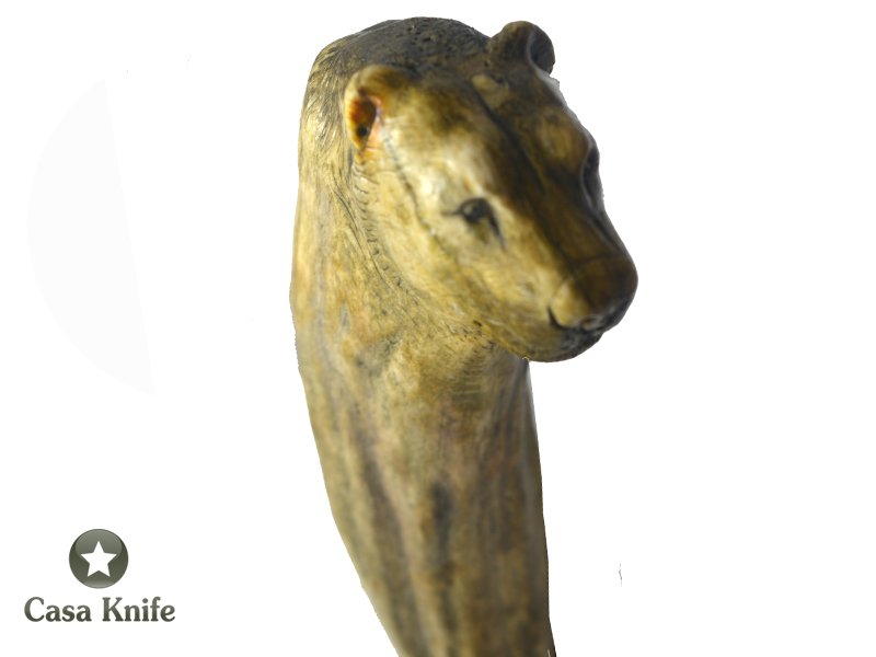 Adelar Filippon faca sangradeira para colecionador forjada em aço damasco , com empunhadura em chifre de cervo esculpido, 32 cm