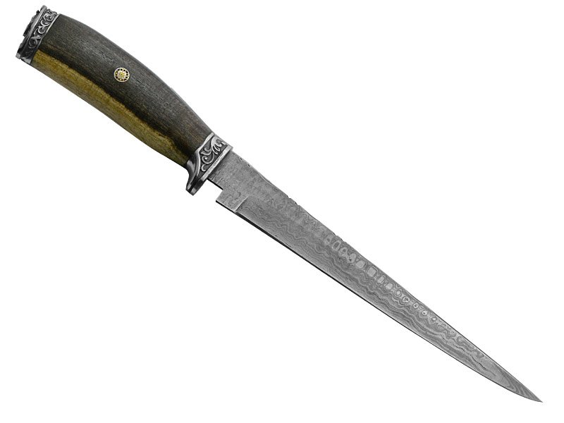 Adelar Filippon faca sangradeira para colecionador forjada em aço damasco. Empunhadura em espina corona, 35 cm