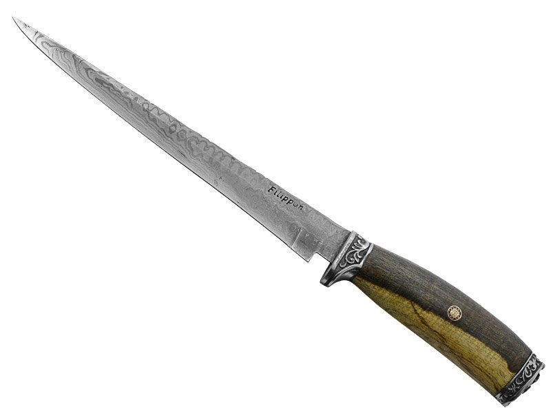 Adelar Filippon faca sangradeira para colecionador forjada em aço damasco. Empunhadura em espina corona, 35 cm