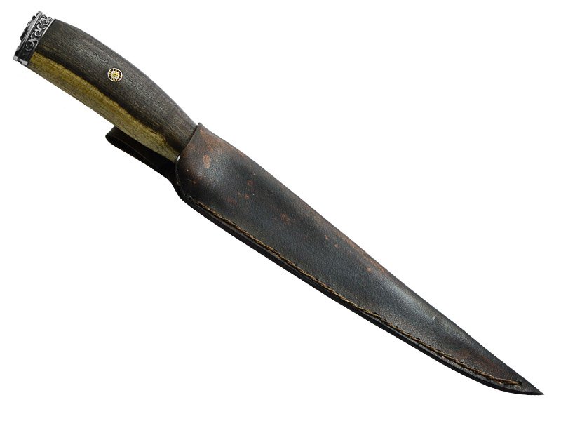 Adelar Filippon faca sangradeira para colecionador forjada em aço damasco. Empunhadura em espina corona, 35 cm