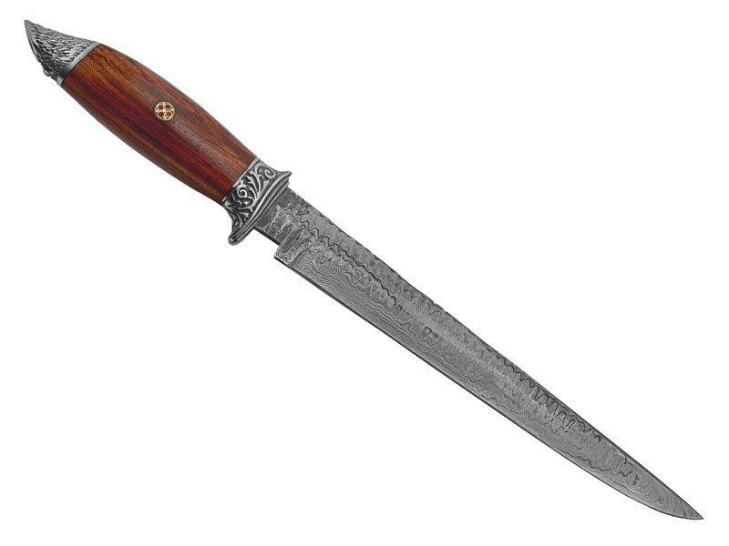 Adelar Filippon faca sangradeira para colecionador forjada em aço damasco. Empunhadura em madeira de argelin, 35 cm