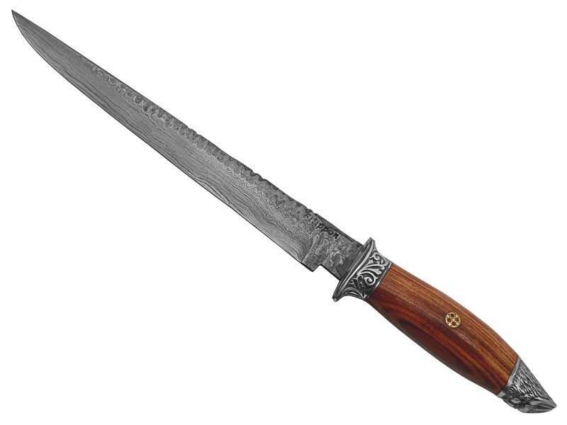 Adelar Filippon faca sangradeira para colecionador forjada em aço damasco. Empunhadura em madeira de argelin, 35 cm