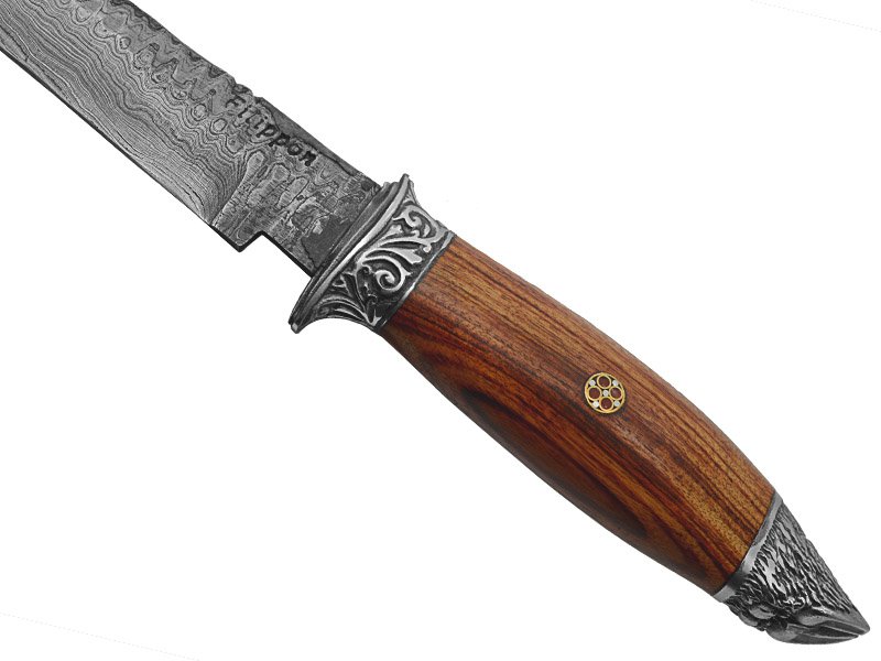Adelar Filippon faca sangradeira para colecionador forjada em aço damasco. Empunhadura em madeira de argelin, 35 cm
