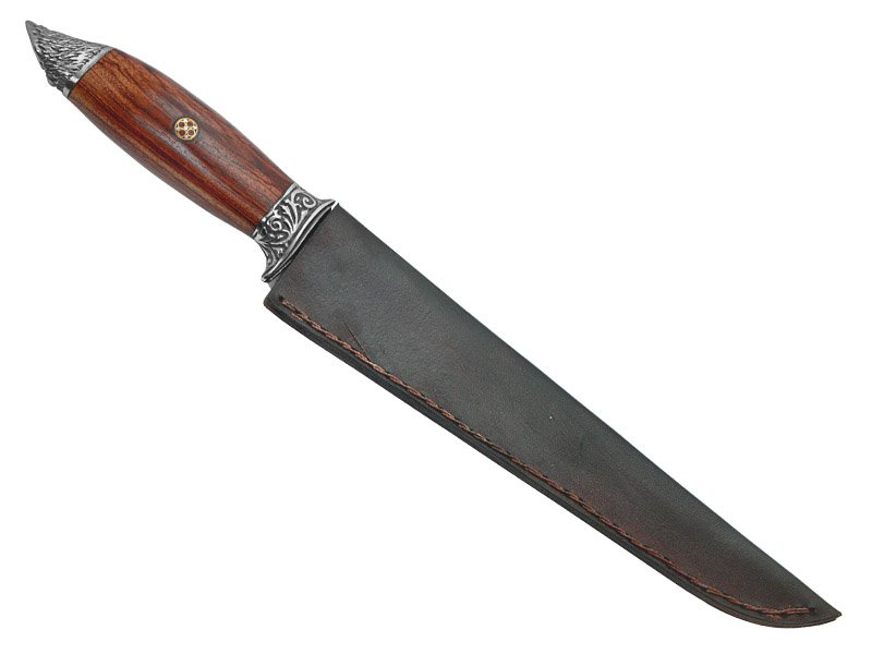 Adelar Filippon faca sangradeira para colecionador forjada em aço damasco. Empunhadura em madeira de argelin, 35 cm