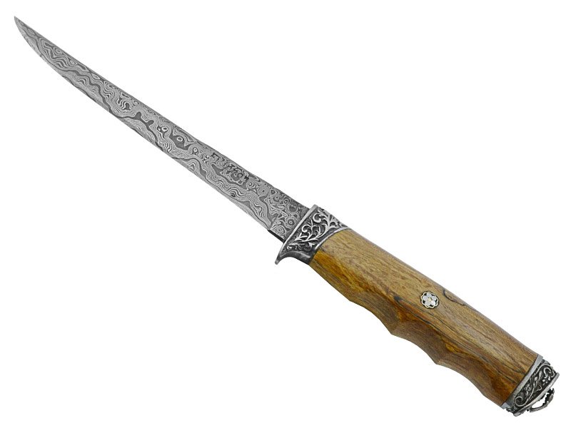 Adelar Filippon faca sangradeira para colecionador forjada em aço damasco. Empunhadura em plátano estabilizado, 30 cm
