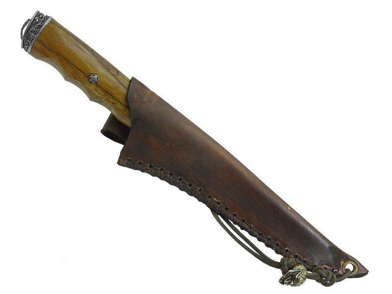 Adelar Filippon faca sangradeira para colecionador forjada em aço damasco. Empunhadura em plátano estabilizado, 30 cm