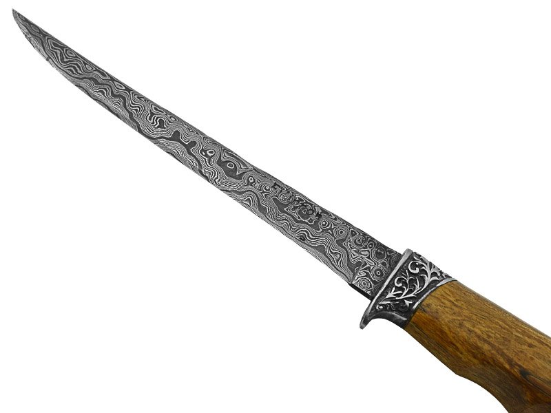 Adelar Filippon faca sangradeira para colecionador forjada em aço damasco. Empunhadura em plátano estabilizado, 30 cm