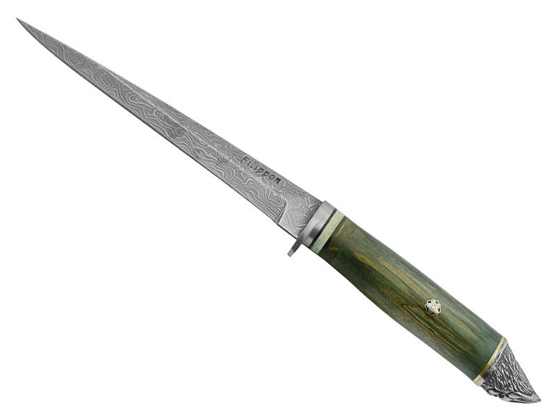 Adelar Filippon faca sangradeira para colecionador forjada em aço damasco. Empunhadura em plátano estabilizado, 31 cm