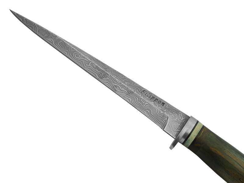 Adelar Filippon faca sangradeira para colecionador forjada em aço damasco. Empunhadura em plátano estabilizado, 31 cm