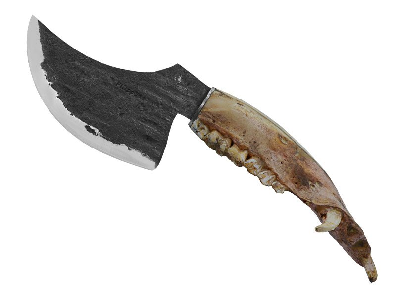 Adelar Filippon faca Skiner para colecionador forjada em aço 5160. Empunhadura em mandíbula de javali, 33 cm