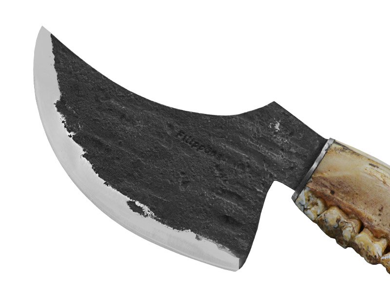 Adelar Filippon faca Skiner para colecionador forjada em aço 5160. Empunhadura em mandíbula de javali, 33 cm