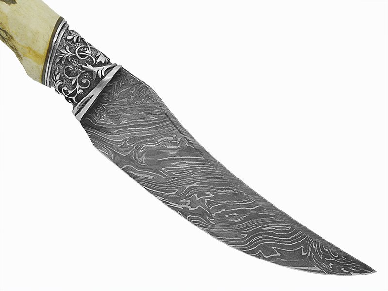 Adelar Filippon faca skinner para colecionador forjado em aço damasco. Empunhadura em chifre de cervo, 24 cm