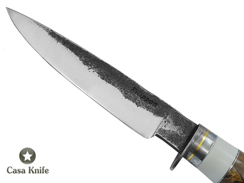 Adelar Filippon para churrasco forjada em aço 52100 Brüt Forge para colecionador. Empunhadura em spalted de platano estabilizada, 28 cm