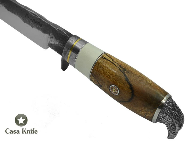 Adelar Filippon para churrasco forjada em aço 52100 Brüt Forge para colecionador. Empunhadura em spalted de platano estabilizada, 28 cm