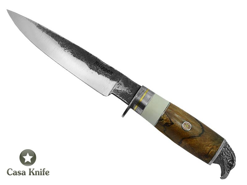 Adelar Filippon para churrasco forjada em aço 52100 Brüt Forge para colecionador. Empunhadura em spalted de platano estabilizada, 28 cm