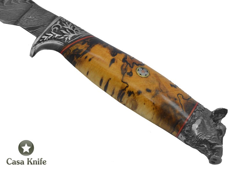 Adelar Filippon faca para churrasco para colecionador fojado em aço damasco torcido 15N20 / 1095 / 58 HCR / 120 camadas. Empunhadura em Spalted Platano, 36 cm