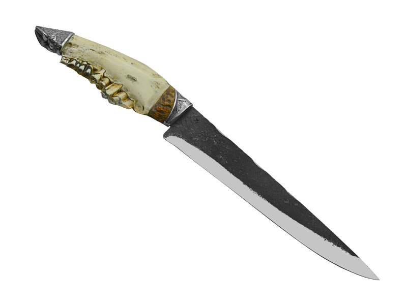 Adellar Filippon faca brüt forge para colecionador em aço 5160. Empunhadura em mandíbula de porco de mato, 37 cm