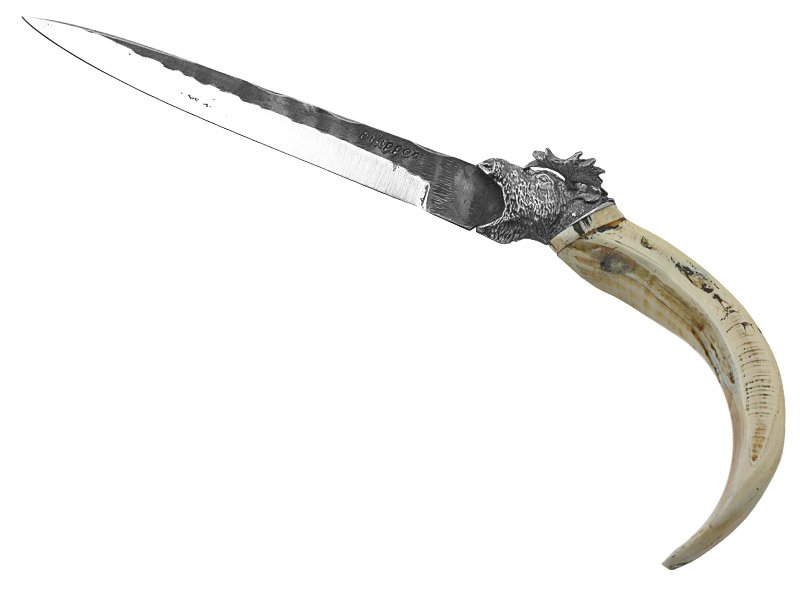 Adellar Filippon faca para colecionador em aço inox brut forge. Empunhadura em dente de javali, 28 cm