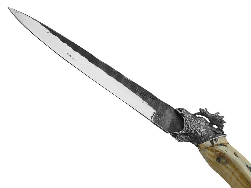 Adellar Filippon faca para colecionador em aço inox brut forge. Empunhadura em dente de javali, 28 cm