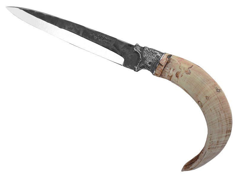Adellar Filippon faca para colecionador em aço inox brut forge. Empunhadura em dente de javali, 26 cm