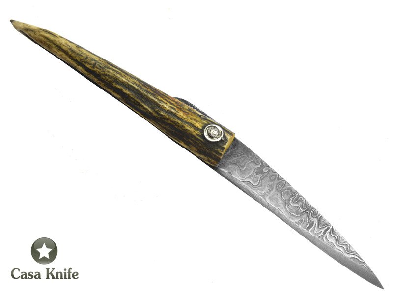 Canivete Friction Folder para colecionador em aço damasco. Empunhadura em chifre de Cervo 21 cm