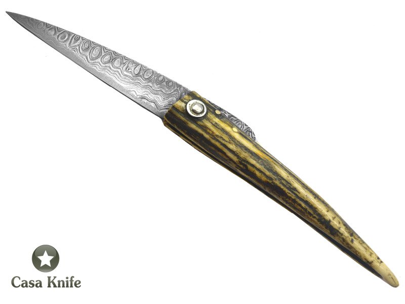 Canivete Friction Folder para colecionador em aço damasco. Empunhadura em chifre de Cervo 21 cm