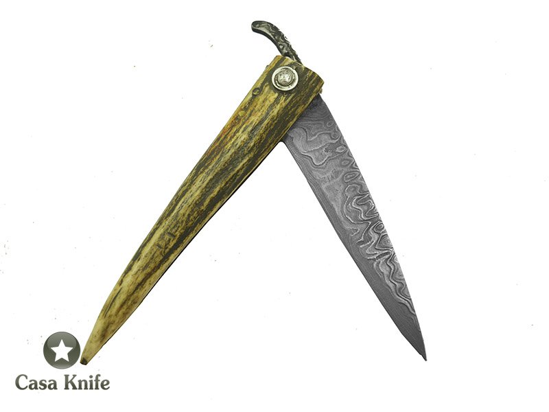 Canivete Friction Folder para colecionador em aço damasco. Empunhadura em chifre de Cervo 21 cm