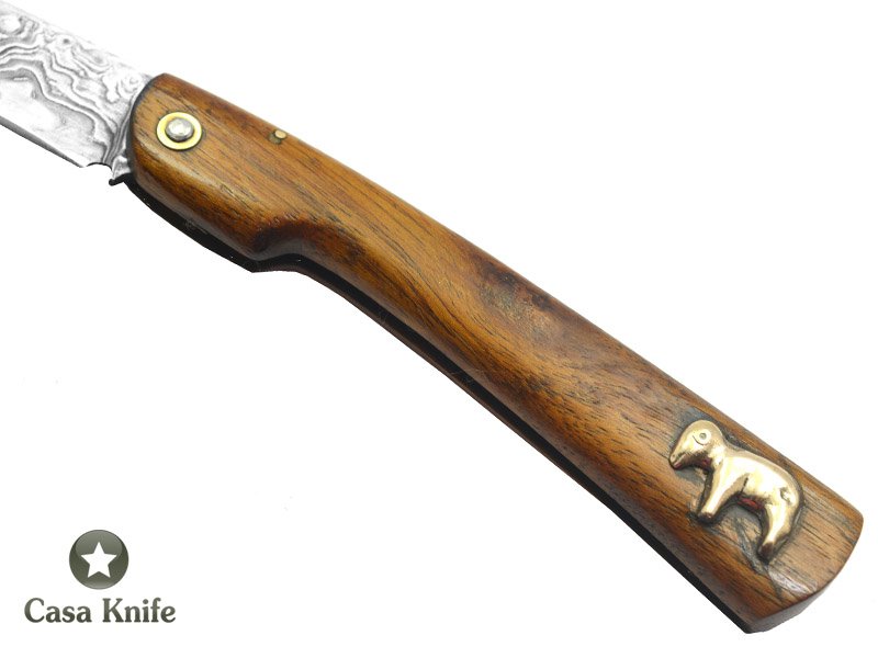 Canivete Friction Folder para colecionador em aço damasco. Empunhadura em Madeira de Cedro do Pará, 21 cm
