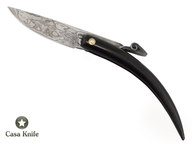 Canivete Friction Folder para colecionador em Aço Damasco. Empunhadura em chifre de boi, 22 cm
