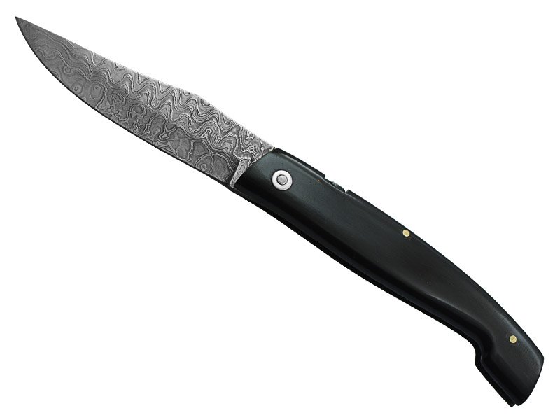 Canivete friction folder para colecionador em aço damasco. Empunhadura em chifre de boi, 19 cm