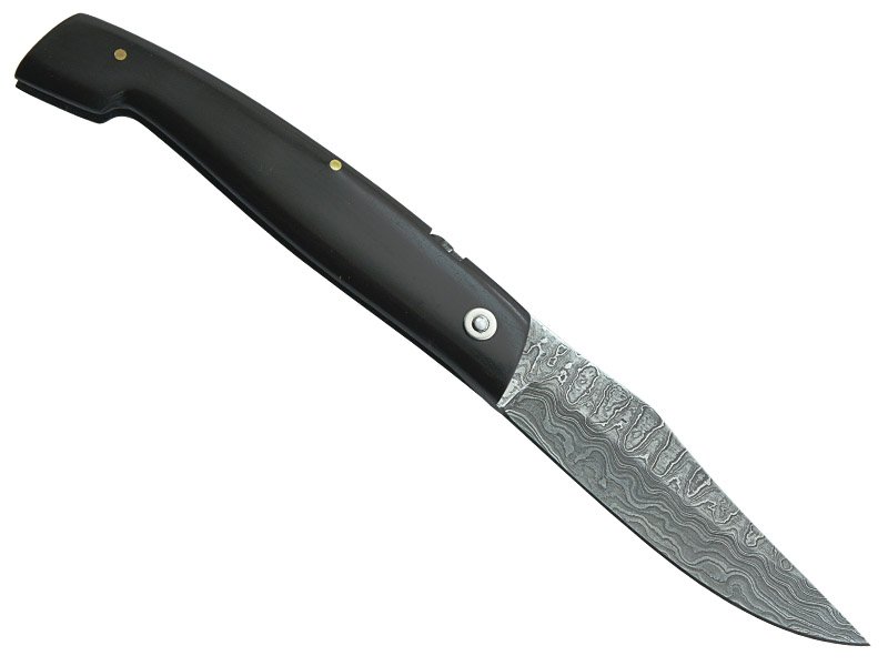 Canivete friction folder para colecionador em aço damasco. Empunhadura em chifre de boi, 19 cm