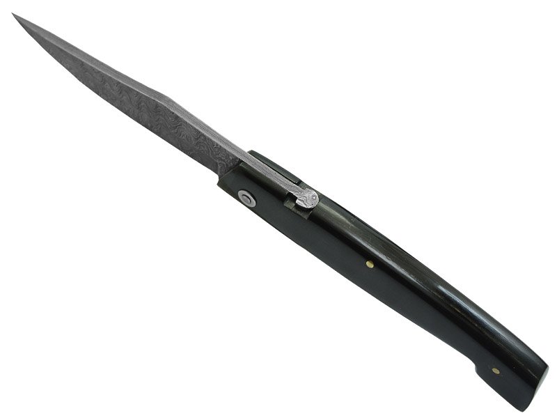 Canivete friction folder para colecionador em aço damasco. Empunhadura em chifre de boi, 19 cm