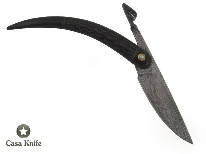 Canivete Friction Folder para colecionador em Aço Damasco. Empunhadura em Chifre de Boi Escalavrado, 22 cm