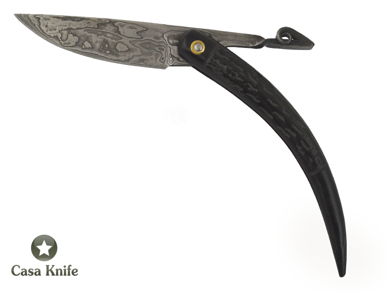 Canivete Friction Folder para colecionador em Aço Damasco. Empunhadura em Chifre de Boi Escalavrado, 22 cm
