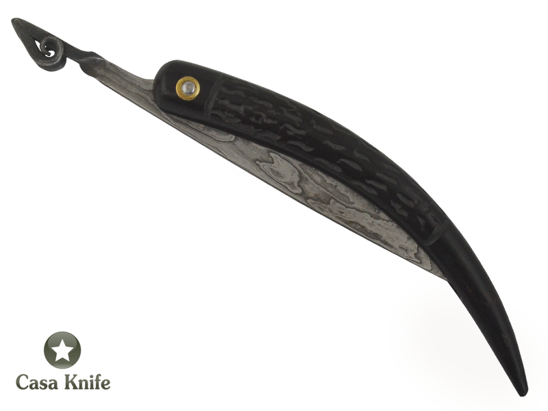 Canivete Friction Folder para colecionador em Aço Damasco. Empunhadura em Chifre de Boi Escalavrado, 22 cm