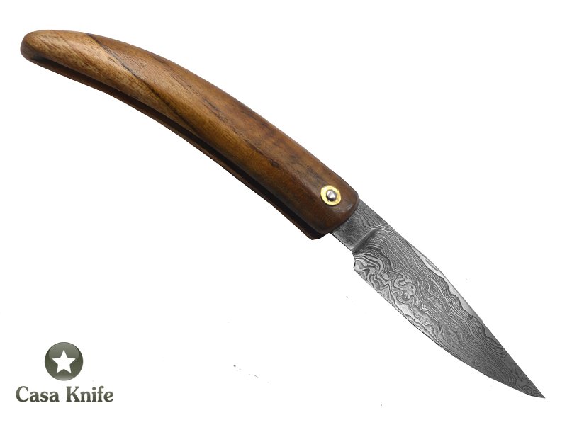 Canivete Friction Folder para colecionador forjado em aço damasco. Empunhadura em Madeira Teca, 21 cm