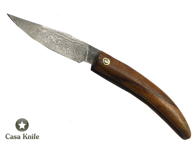 Canivete Friction Folder para colecionador forjado em aço damasco. Empunhadura em Madeira Teca, 21 cm