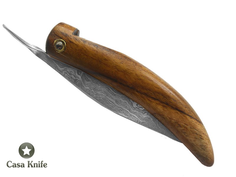 Canivete Friction Folder para colecionador forjado em aço damasco. Empunhadura em Madeira Teca, 21 cm