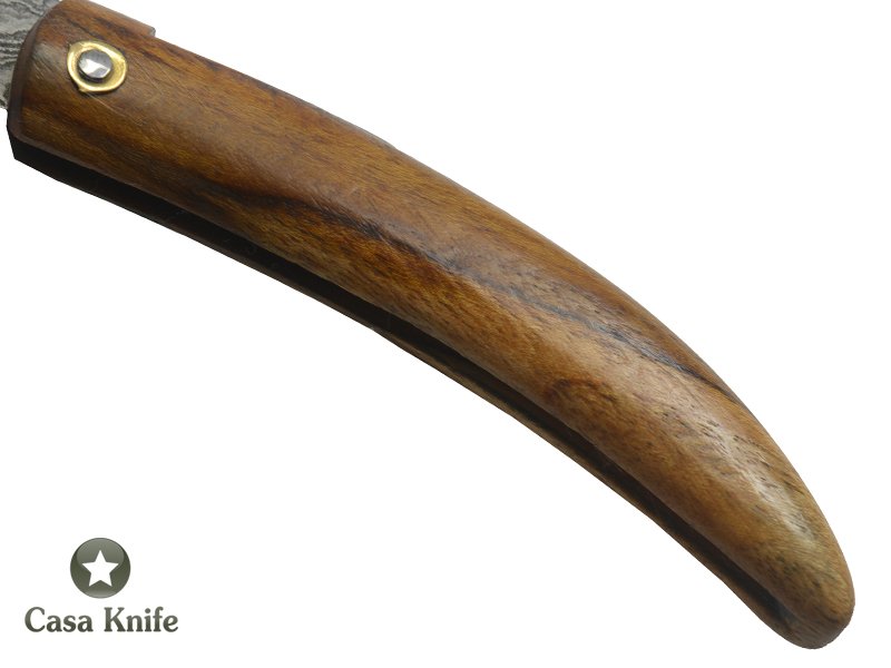 Canivete Friction Folder para colecionador forjado em aço damasco. Empunhadura em Madeira Teca, 21 cm